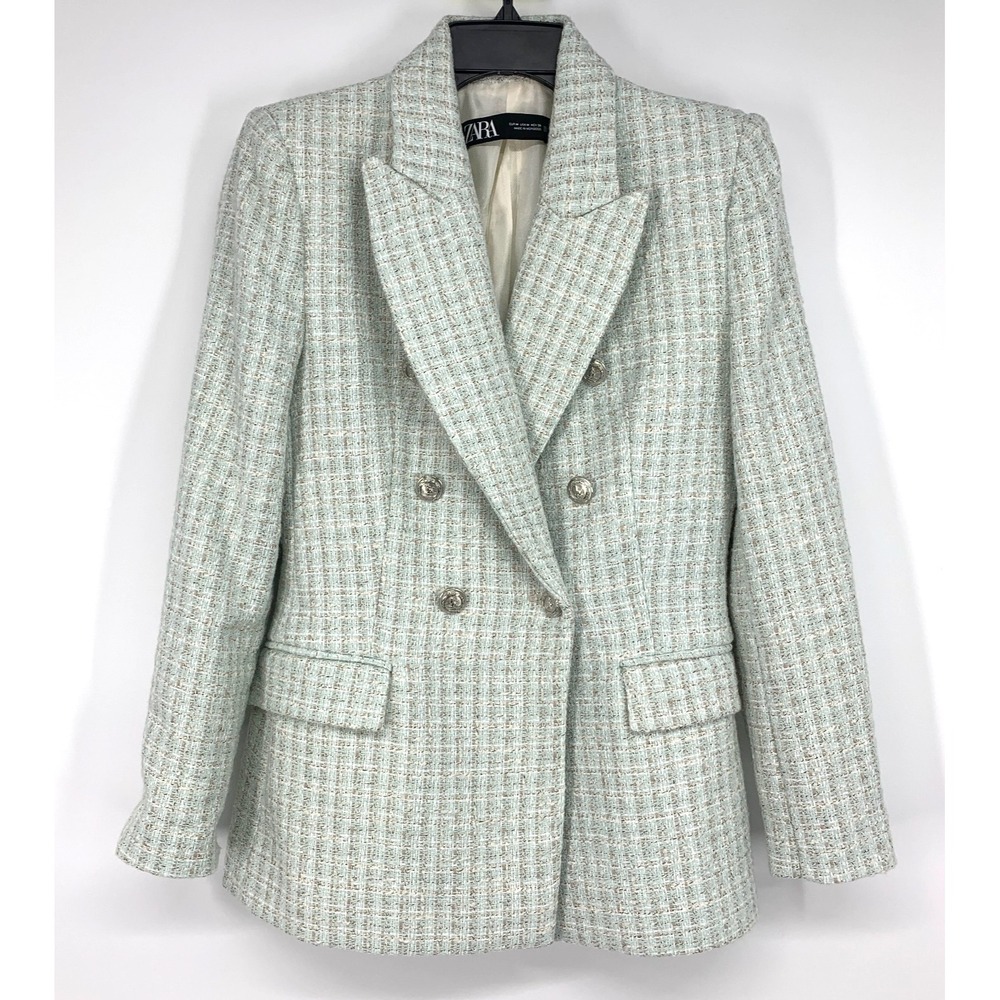 Zara Blazer Tweed Double Breasted Light Blue Blogger Fave Womens Size Medium - Picture 4 of 15